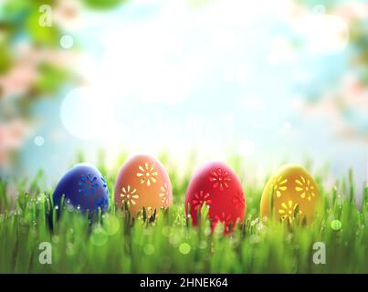 Easter eggs in grass against blurred blue blooming flower background. Spring holidays concept. Stock Photo