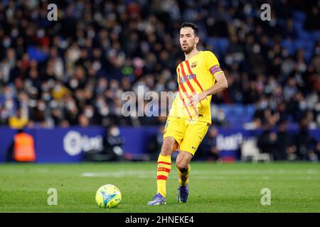 BARCELONA - FEB 13: Sergio Busquets in action during the La Liga match between RCD Espanyol and FC Barcelona at the RCDE Stadium on February 13, 2022 Stock Photo