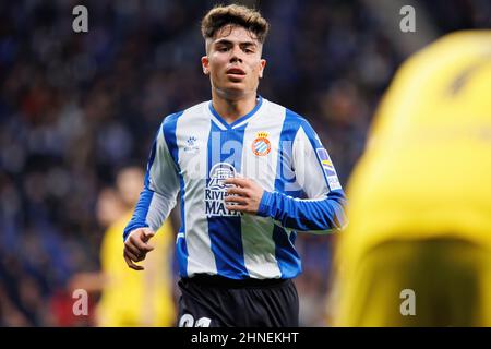 BARCELONA - FEB 13: Nico Melamed in action during the La Liga match between RCD Espanyol and FC Barcelona at the RCDE Stadium on February 13, 2022 in Stock Photo