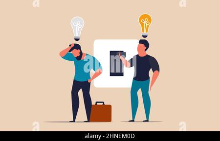 Switch business and light bulb solution success. Innovation brainstorm and light lamp control vector illustration concept. Imagination businessman and Stock Vector