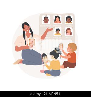 Identifying emotions isolated cartoon vector illustration Learn facial expression, recognize human emotions, social and emotional skill, daycare center, early education program vector cartoon. Stock Vector