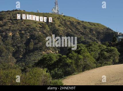 Los Angeles, USA. 16th Feb, 2022. The Iconic Hollywood sign replaced with RAMS HOUSE to celebrate Super Bowl LVI win in Los Angeles, CA on Wednesday, ?February 16, 2022. (Photo By Sthanlee B. Mirador/Sipa USA) Credit: Sipa USA/Alamy Live News Stock Photo
