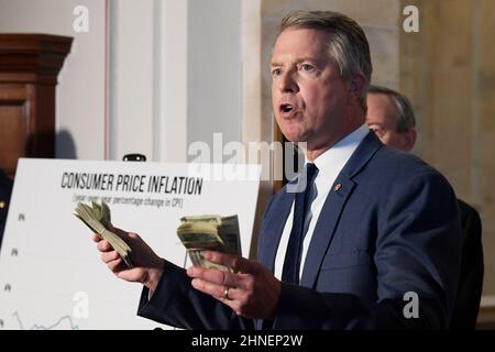 Washington, USA. 16th Feb, 2022. US Senator Roger Marshall(R-KS) speaks about US Economic Inflation during a press conference today on February 16, 2022 at Russell Senate/Capitol Hill in Washington DC, USA. (Photo by Lenin Nolly/Sipa USA) Credit: Sipa USA/Alamy Live News Stock Photo