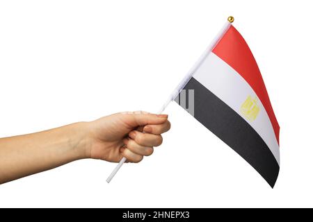 Hand holding Egypt flag isolated on white background, template for designers Stock Photo