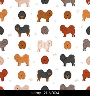 Tibetan mastiff seamless pattern. Different poses, coat colors set.  Vector illustration Stock Vector