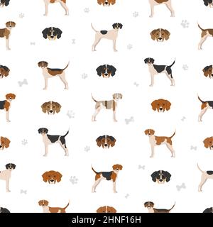 Treeing Walker coonhound seamless pattern. Different poses, coat colors set.  Vector illustration Stock Vector