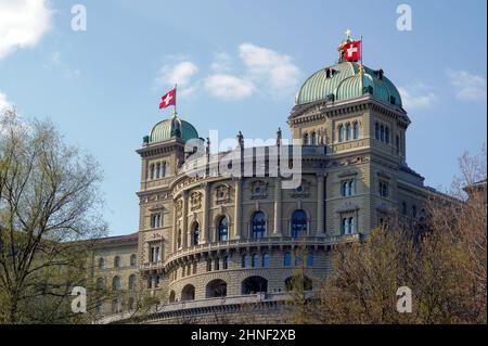 Federal Palace or Bundeshaus in German is the seat of Swiss Parliament called Bundesversammlung in German. Stock Photo