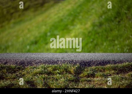 Close up of an asphalt road with a green lawn grass with a copy space for the text or an object Stock Photo