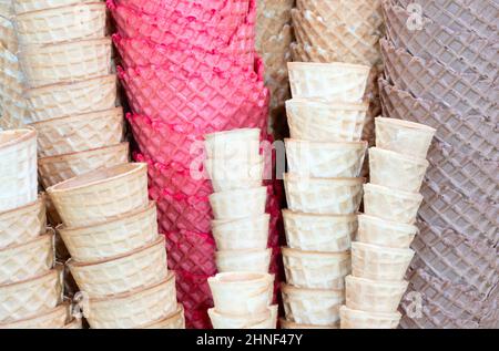 Set of colorful waffle cups for ice cream. Close up. Stock Photo