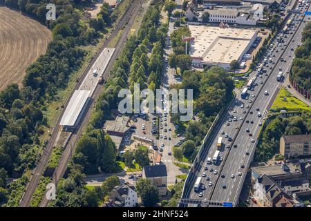 Aerial view, Wattenscheid railway station and A40 motorway in Westenfeld in Bochum, Ruhr area, North Rhine-Westphalia, Germany, motorway, railway trac Stock Photo