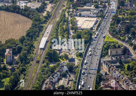 Aerial view, Wattenscheid railway station and A40 motorway in Westenfeld in Bochum, Ruhr area, North Rhine-Westphalia, Germany, motorway, railway trac Stock Photo