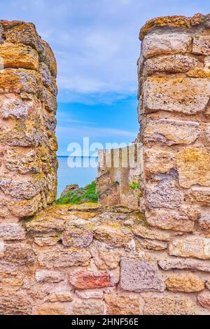 The view through the battlements of medieval Akkerman Fortress on Dniester River, Bilhorod-Dnistrovskyi, Ukraine Stock Photo