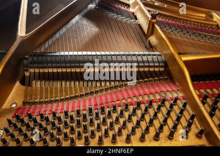 Inside an older grand piano with metal frame, strings, hammer, damper and red felt, mechanics of the acoustic musical instrument, music and culture co Stock Photo