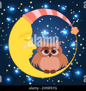 A sweet cartoon owl in a sleeping cap sits on drowsy crescent moon against the background of night sky with stars. Stock Vector