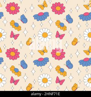 Seamless pattern with daisies with butterflies and sparkles.  Stock Vector