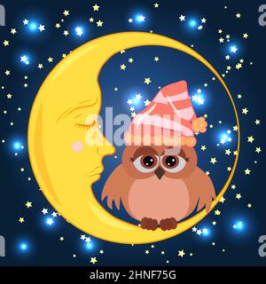 A sweet cartoon owl in a sleeping cap sits on drowsy crescent moon against the background of night sky with stars. Stock Vector