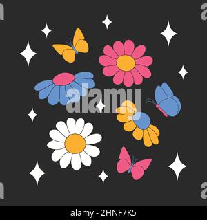 Retro daisies with butterflies and sparkles. Summer flowers.  Stock Vector