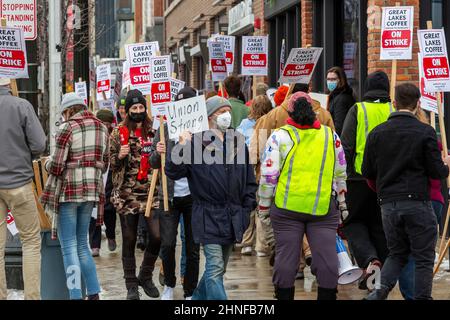 Detroit, Michigan, USA. 16th Feb, 2022. Workers at Great Lakes Coffee and their supporters rally outside the chain's midtown Detroit location in support of a union organizing campaign. Workers at the store were locked out of their jobs in January. They had asked for a series of covid safety measures after employees became sick with the virus. Credit: Jim West/Alamy Live News Stock Photo