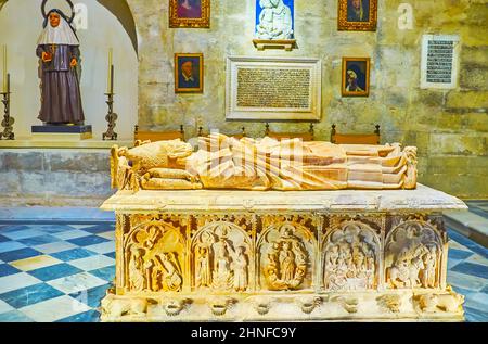 SEVILLE, SPAIN - SEPT 29, 2019: Interior of Capilla de Santiago chapel of Seville Cathedral with the sculptured tomb of Arzobispo Gonzalo de Mena (Arc Stock Photo
