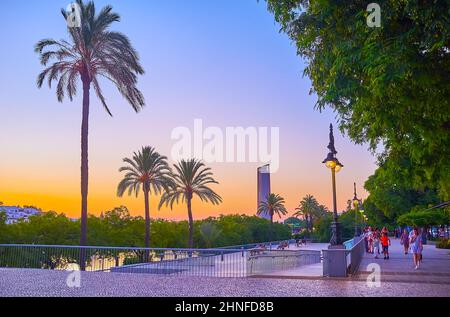 SEVILLE, SPAIN - OCTOBER 2, 2019: The golden hour in beautiful green riverside park, located along the Cristobal Colon street, on October 2 in Seville Stock Photo