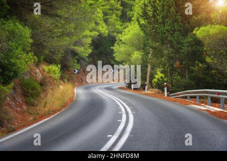 Road in green forest at sunset in summer. Empty mountain road Stock Photo