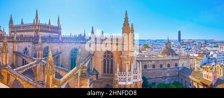 Enjoy panoramic cityscape from Giralda belfry with Gothic roof of Seville Cathedral in the foreground and modern Torre Sevilla skyscraper on horizon, Stock Photo