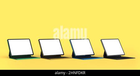 Set of computer tablets with keyboard and blank screen isolated on yellow background. 3D rendering concept of creative designer equipment and compact Stock Photo