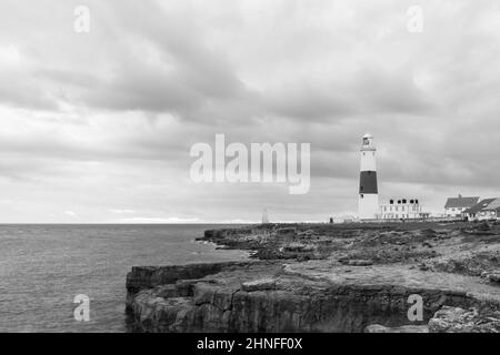 Black and white photo of Portland Bill lighthouse in Dorset at dusk Stock Photo