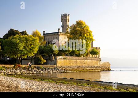 Autumn trees on the shore in the sunshine with Montfort Castle, Langenargen, Baden-Wuerttemberg, Germany Stock Photo