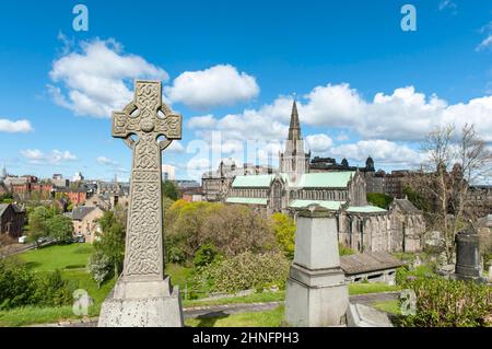 Ornamented Celtic High Cross, Cross, St Mungo's Cathedral, High Kirk of Glasgow, View from Necropolis, Necropolis, Glasgow, Scotland, United Kingdom Stock Photo