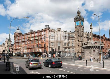 Merchant City Clock Tower, Tolbooth Steeple and Mercat Cross, Glasgow Cross, High St, Gallowgate, Old Town, City Center, Glasgow, Scotland, United Stock Photo