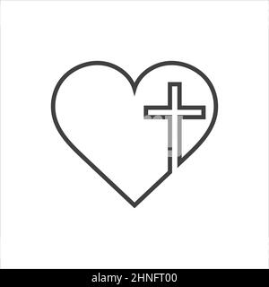 Christian cross icon in the heart inside. Black christian cross sign isolated on light background. Vector illustration. Christian symbol. Stock Vector