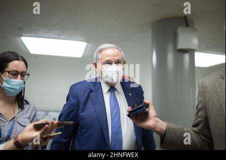 Washington, United States. 16th Feb, 2022. Sen. Bob Menendez, D-NJ, speaks to reporters before voting on the confirmation of David Honey to be Deputy Under Secretary of Defense and celestial Wallander to be Assistant Secretary of Defense at the US Capitol in Washington, DC on Wednesday, February 16, 2022. Photo by Bonnie Cash/UPI Credit: UPI/Alamy Live News Stock Photo