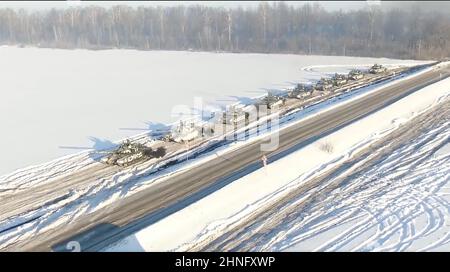 Russia Border. 16th Feb, 2022. In this photo taken from video provided by the Russian Defense Ministry on Wednesday, Russian army tanks during drills. Russia announced yesterday some of its troops would return to base after recent drills, but NATO says troop build-up continues. (Credit Image: © Russian Defence Ministry/ZUMA Press Wire Service) Stock Photo