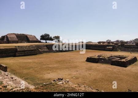 Landscape of the Monte Alban Archeological Zone under the sunlight in Mexico Stock Photo