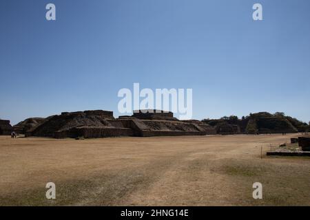 Landscape of the Monte Alban Archeological Zone under the sunlight in Mexico Stock Photo