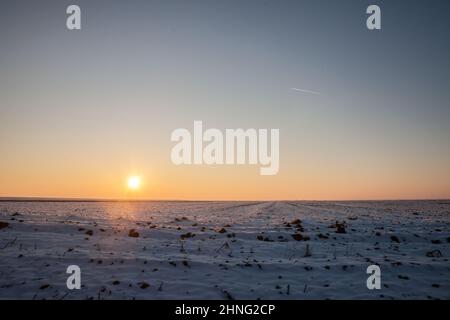 Picture of a typical winter landscape, a rural agricultural field covered with snow and ice in the region of Banat, in Serbia, in Europe. Stock Photo