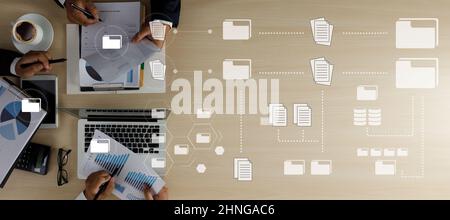 man work document management data document on digital tablet online documentation database Stock Photo