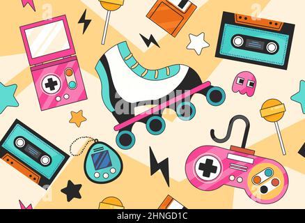 Nostalgic 90s seamless pattern. Repeating image in retro style. Stylish and unusual image for decorating gift paper. Poster or banner for site with vi Stock Vector