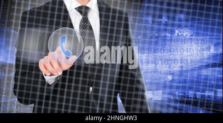 Businessman pressing virtual button phone call Stock Photo