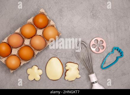 Baking ingredients and kitchen items for baking. Easter recipe. Stock Photo