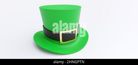 St Patricks Day leprechaun green hat isolated on white background. Feast of Saint Patrick celebration, Irish traditional beer festival and party. 3d r Stock Photo