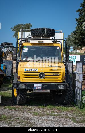 Spain, August 12, 2021: Big yellow off-road Mercedes Benz Unimog truck Stock Photo
