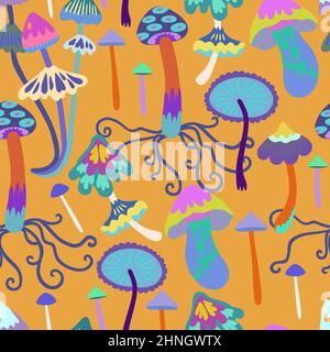Seamless pattern with psychedelic and fairy colorful mushrooms. Vector hand drawn illustration. Stock Vector