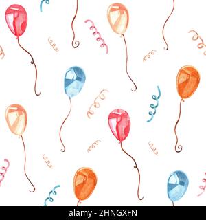 Pattern made from a set of watercolor vintage illustrations on the theme of birthday. Balloons and confetti. Isolated on a white background. Stock Photo