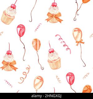 Pattern made from a set of watercolor vintage illustrations on the theme of birthday. Cupcake, balloons, confetti. Isolated on a white background. Stock Photo