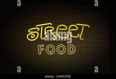 Vintage Neon Street Food Sign on Brick Wall Stock Photo