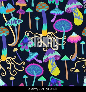 Seamless pattern with psychedelic and fairy colorful mushrooms. Vector hand drawn illustration. Stock Vector