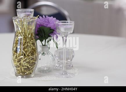 Floral Table Decorations at Small Rural Wedding Event Stock Photo