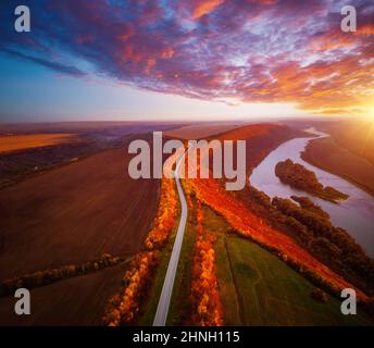 Winding canyon of the Dniester River from a bird's eye view. Location place Dnister canyon of Ukraine, Europe. Aerial photography, drone shot. Photo w Stock Photo